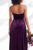 Strapless Velvet Pleated A Line Dark Green Bridesmaid Dress