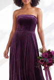 Strapless Velvet Pleated A Line Dark Green Bridesmaid Dress