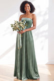 Strapless Velvet Pleated A Line Dark Green Bridesmaid Dress