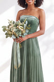 Strapless Velvet Pleated A Line Dark Green Bridesmaid Dress