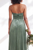 Strapless Velvet Pleated A Line Dark Green Bridesmaid Dress