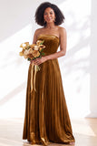 Strapless Velvet Pleated A Line Dark Green Bridesmaid Dress