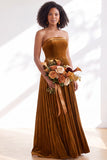 Strapless Velvet Pleated A Line Dark Green Bridesmaid Dress