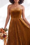 Strapless Velvet Pleated A Line Dark Green Bridesmaid Dress