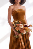 Strapless Velvet Pleated A Line Dark Green Bridesmaid Dress