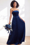 Strapless Velvet Pleated A Line Dark Green Bridesmaid Dress