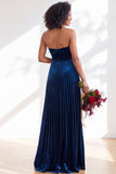 Strapless Velvet Pleated A Line Dark Green Bridesmaid Dress