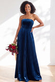 Strapless Velvet Pleated A Line Dark Green Bridesmaid Dress