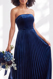 Strapless Velvet Pleated A Line Dark Green Bridesmaid Dress