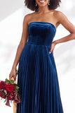 Strapless Velvet Pleated A Line Dark Green Bridesmaid Dress