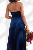 Strapless Velvet Pleated A Line Dark Green Bridesmaid Dress