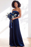 Strapless Velvet Pleated A Line Dark Green Bridesmaid Dress