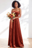 Strapless Velvet Pleated A Line Dark Green Bridesmaid Dress