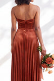 Strapless Velvet Pleated A Line Dark Green Bridesmaid Dress
