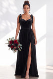 Coffee A Line Tie Strap Velvet Bridesmaid Dress with Slit