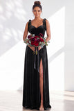 Coffee A Line Tie Strap Velvet Bridesmaid Dress with Slit