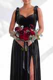 Coffee A Line Tie Strap Velvet Bridesmaid Dress with Slit