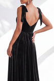 Coffee A Line Tie Strap Velvet Bridesmaid Dress with Slit