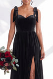 Coffee A Line Tie Strap Velvet Bridesmaid Dress with Slit