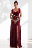 Coffee A Line Tie Strap Velvet Bridesmaid Dress with Slit