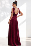 Coffee A Line Tie Strap Velvet Bridesmaid Dress with Slit
