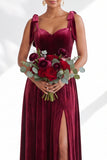 Coffee A Line Tie Strap Velvet Bridesmaid Dress with Slit