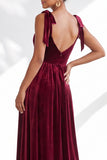 Coffee A Line Tie Strap Velvet Bridesmaid Dress with Slit