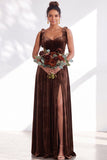 Coffee A Line Tie Strap Velvet Bridesmaid Dress with Slit