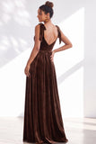 Coffee A Line Tie Strap Velvet Bridesmaid Dress with Slit