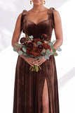 Coffee A Line Tie Strap Velvet Bridesmaid Dress with Slit