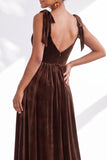 Coffee A Line Tie Strap Velvet Bridesmaid Dress with Slit