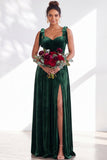 Coffee A Line Tie Strap Velvet Bridesmaid Dress with Slit