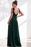 Coffee A Line Tie Strap Velvet Bridesmaid Dress with Slit