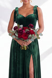 Coffee A Line Tie Strap Velvet Bridesmaid Dress with Slit