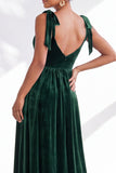 Coffee A Line Tie Strap Velvet Bridesmaid Dress with Slit