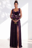 Coffee A Line Tie Strap Velvet Bridesmaid Dress with Slit
