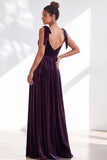 Coffee A Line Tie Strap Velvet Bridesmaid Dress with Slit