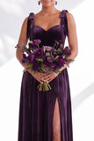 Coffee A Line Tie Strap Velvet Bridesmaid Dress with Slit