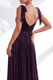 Coffee A Line Tie Strap Velvet Bridesmaid Dress with Slit