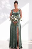Coffee A Line Tie Strap Velvet Bridesmaid Dress with Slit