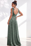 Coffee A Line Tie Strap Velvet Bridesmaid Dress with Slit