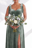 Coffee A Line Tie Strap Velvet Bridesmaid Dress with Slit