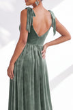 Coffee A Line Tie Strap Velvet Bridesmaid Dress with Slit