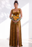Coffee A Line Tie Strap Velvet Bridesmaid Dress with Slit