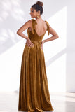 Coffee A Line Tie Strap Velvet Bridesmaid Dress with Slit