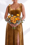 Coffee A Line Tie Strap Velvet Bridesmaid Dress with Slit