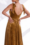Coffee A Line Tie Strap Velvet Bridesmaid Dress with Slit