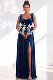 Coffee A Line Tie Strap Velvet Bridesmaid Dress with Slit