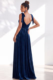 Coffee A Line Tie Strap Velvet Bridesmaid Dress with Slit