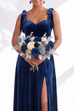 Coffee A Line Tie Strap Velvet Bridesmaid Dress with Slit